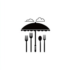 Wall Mural - Utensils under an umbrella, with clouds above, on a white backdrop; possible food services logo