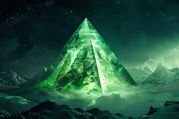 Canvas Print - large green pyramid is the main focus of the image. the pyramid is surrounded by mountains and cloud