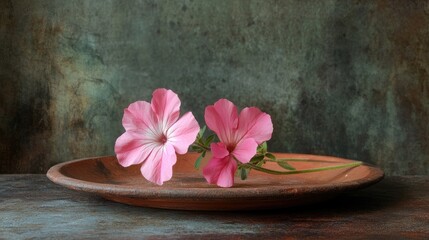 Poster - Pink geranium flowers resting on a rustic terracotta plate against a textured background