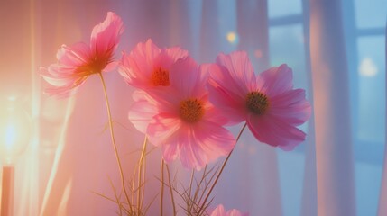 Poster - Delicate pink cosmos flowers softly illuminated by natural light against a serene background, evoking tranquility and beauty.