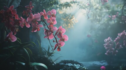 Poster - Serene garden scene featuring vibrant pink orchids illuminated by soft light amidst lush greenery and gentle mist.