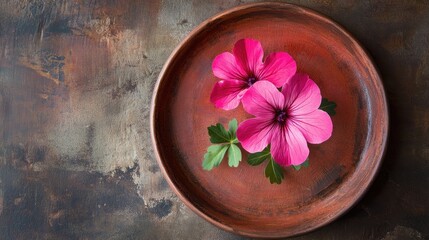 Poster - Pink geranium flowers with green leaves on a rustic terracotta plate against a textured background