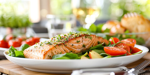 Grilled salmon with fresh salad in white plate on wooden table.