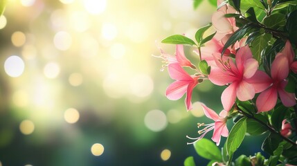 Poster - Pink Fuchsia flowers with lush green leaves blurred in a dreamy bokeh background creating a serene and vibrant natural atmosphere