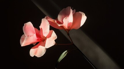 Poster - Delicate pink orchid blossoms casting soft shadows against a dark background showcasing nature's beauty and elegance.