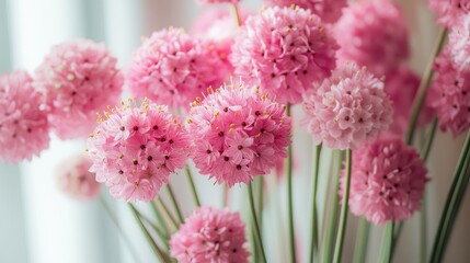 Poster - Delicate pink fluffy flowers in a modern vase creating a soft and elegant floral arrangement on a bright background