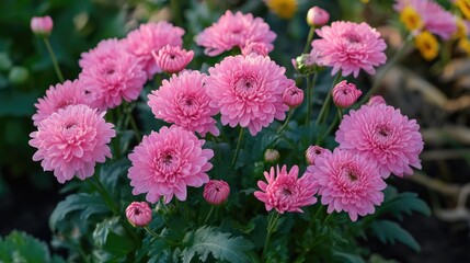 Wall Mural - Pink chrysanthemums in full bloom during the evening light with a lush green background creating a serene garden atmosphere.