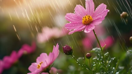 Poster - Delicate pink flowers adorned with raindrops glisten in a vibrant garden setting illuminated by soft sunlight.