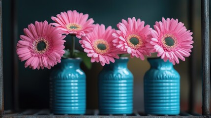 Poster - Pink Gerbera daisies in vibrant blue vases arranged on a rustic metal rack showcasing a fresh floral display.