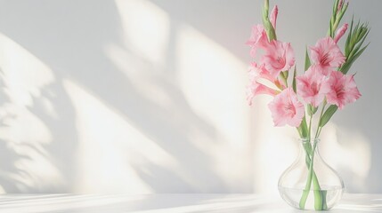 Poster - Delicate pink gladiolus flowers elegantly arranged in a clear vase on a white table with soft shadows enhancing the serene ambiance.