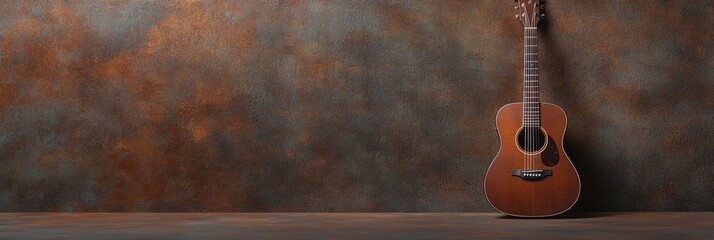Poster - Classic acoustic guitar resting against a textured grunge wall, creating a perfect setting for music composition, songwriting, or recording sessions in a professional recording studio