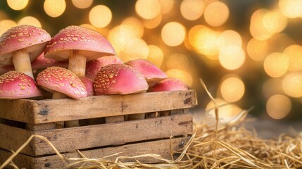 Poster - Pink mushrooms in a rustic crate surrounded by straw and warm golden bokeh lights creating a cozy autumn atmosphere