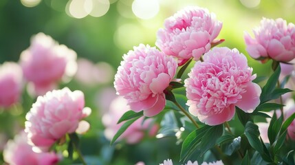 Poster - Beautiful pink peony flowers blooming in a lush garden setting with soft bokeh background creating a serene natural atmosphere.