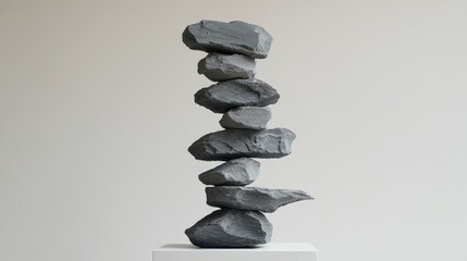 Poster - Balanced stone sculpture showcasing artistic stacking techniques in a minimalist design setting perfect for contemporary home decor.