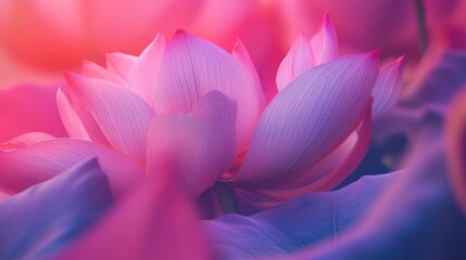 Poster - Delicate pink lotus flower in soft hues showcasing intricate petals and lush foliage illuminated by gentle light