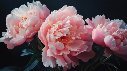 Poster - Delicate pink peonies against a dark background showcasing their lush layers and vibrant color in a serene floral composition