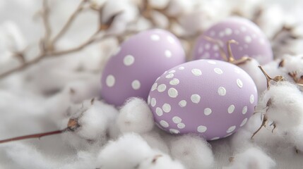 Poster - Lilac painted eggs with white dots nestled in cotton on soft background for festive spring decor and celebration imagery