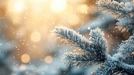 Wall Mural - snow-covered fir branches with warm blurred background creating a serene winter atmosphere for holid