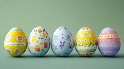 Poster - Colorful painted Easter eggs arranged in a row on a soft green background for spring festivities and holiday celebrations.