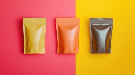 Poster - Coffee packaging mockup featuring three isolated drip bags in vibrant colors on a contrasting background for product design presentation.