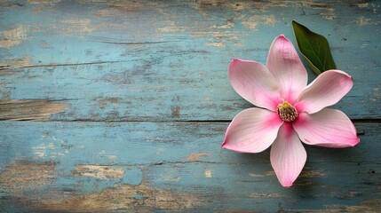 Poster - Pink magnolia flower on vintage wooden board background showcasing rustic charm and natural beauty for floral themed design projects