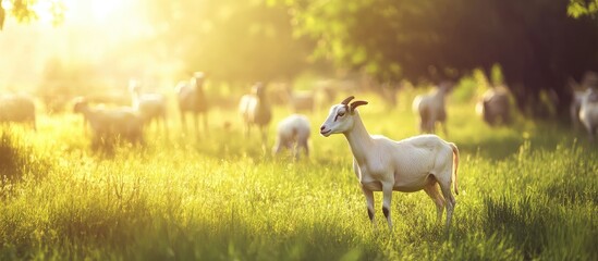 Poster - Serene pastoral landscape featuring happy goats grazing in a lush green meadow illuminated by golden sunlight with soft bokeh background and ample text space