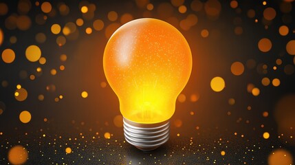 Poster - Orange illuminated industrial light bulb with golden bokeh on dark backdrop, warm glow effect, focal point centered, high detail photography.