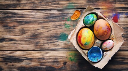 Poster - Colorful painted Easter eggs and paints scattered on a rustic wooden table creating a festive and creative holiday atmosphere