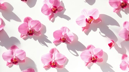 Poster - Pink orchid flowers arranged in a minimalist pattern on a white background showcasing shadows for a delicate floral aesthetic