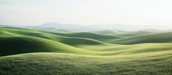 Poster - Tranquil rural landscape featuring lush green rolling hills under soft pastel skies with ample empty space for text or branding purposes.