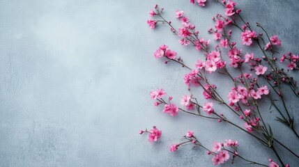 Poster - Delicate pink flowers with a blank card on a light grey table ideal for special occasions and invitations Top view composition