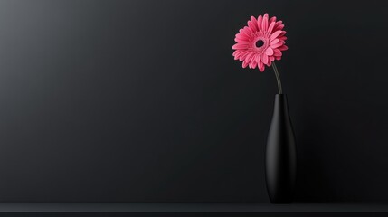 Poster - Elegant pink gerbera flower in a sleek black vase against a minimalist dark background for modern decor and floral design inspiration