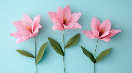 Poster - Fabric pink flowers arrangement for home decor on a soft blue background enhancing interior aesthetics and adding a vibrant touch