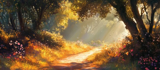 Poster - Sunlit Pathway through Lush Green Trees and Vibrant Wildflowers in Golden Morning Light with Space for Text in a Serene Natural Setting