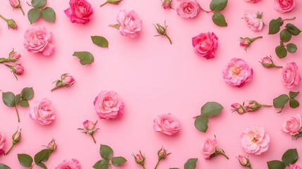 Poster - Floral pink pattern background with delicate roses and leaves creating a layout with ample copy space for design or marketing purposes
