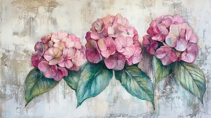 Poster - Delicate pink hydrangea blooms with lush green leaves on a textured background capturing the essence of spring's beauty and elegance