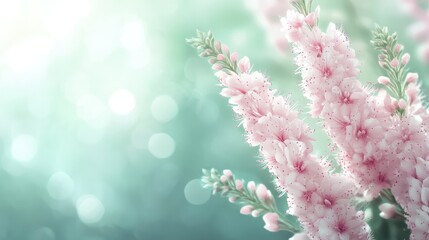 Poster - Delicate pink flowers gently bloom against a dreamy green blurred background with soft focus and bokeh effect.