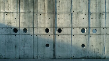 Poster - Abstract concrete wall with circular holes and textured surface ideal for architectural and artistic backgrounds