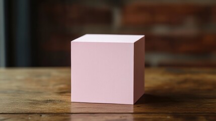 Poster - Minimalist pink paper block on wooden table with blurred background showcasing simplicity and elegance in modern decor.