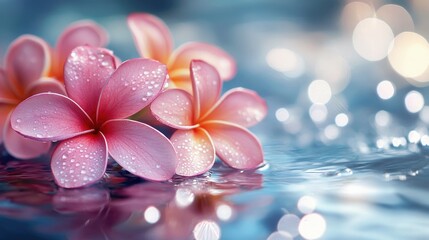 Poster - Delicate pink frangipani blossoms resting on shimmering water surface with soft bokeh background creating a serene and calming atmosphere