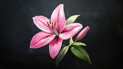 Poster - Elegant pink lily with vibrant petals and green leaves against a contrasting black background showcasing natural beauty and floral art.