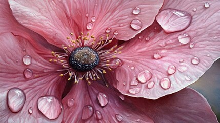 Poster - Delicate pink flower adorned with morning dew drops showcasing intricate details and vibrant colors in natural light.