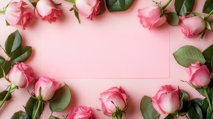 Poster - Pink roses surrounding a blank pink paper on a soft pastel background ideal for invitations or romantic messages