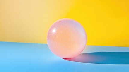 Poster - Pastel colored composition featuring a pink frosted glass ball on a blue and yellow background with empty space for text placement