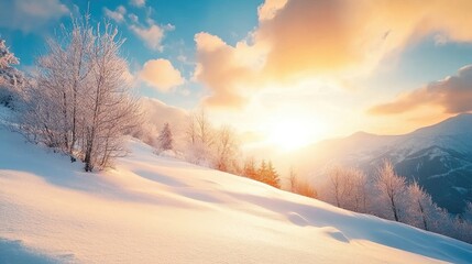 Poster - Serene winter landscape at sunset with snow-covered slopes and leafless trees under a vibrant sky in the mountains during a sunny afternoon.