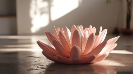 Poster - delicate pink flower sculpture resembling a blooming lotus with soft petals under natural light indoors