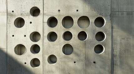Poster - abstract concrete wall featuring strategically placed circular holes casting shadows creating a uniq