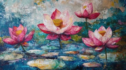 Poster - Vibrant Pink Lotus Flowers Blooming on a Tranquil Water Surface in Artistic Style