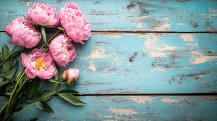 Poster - Pink peonies on vintage blue wooden table creating a charming rustic floral arrangement background for design and presentation purposes