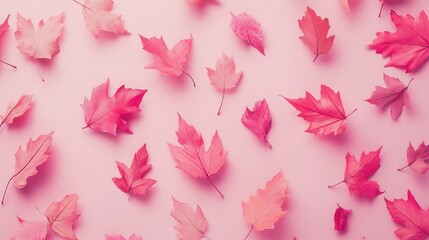 Poster - Pink Maple Leaves Composition on Soft Pink Background for Spring or Fall Decor Concepts